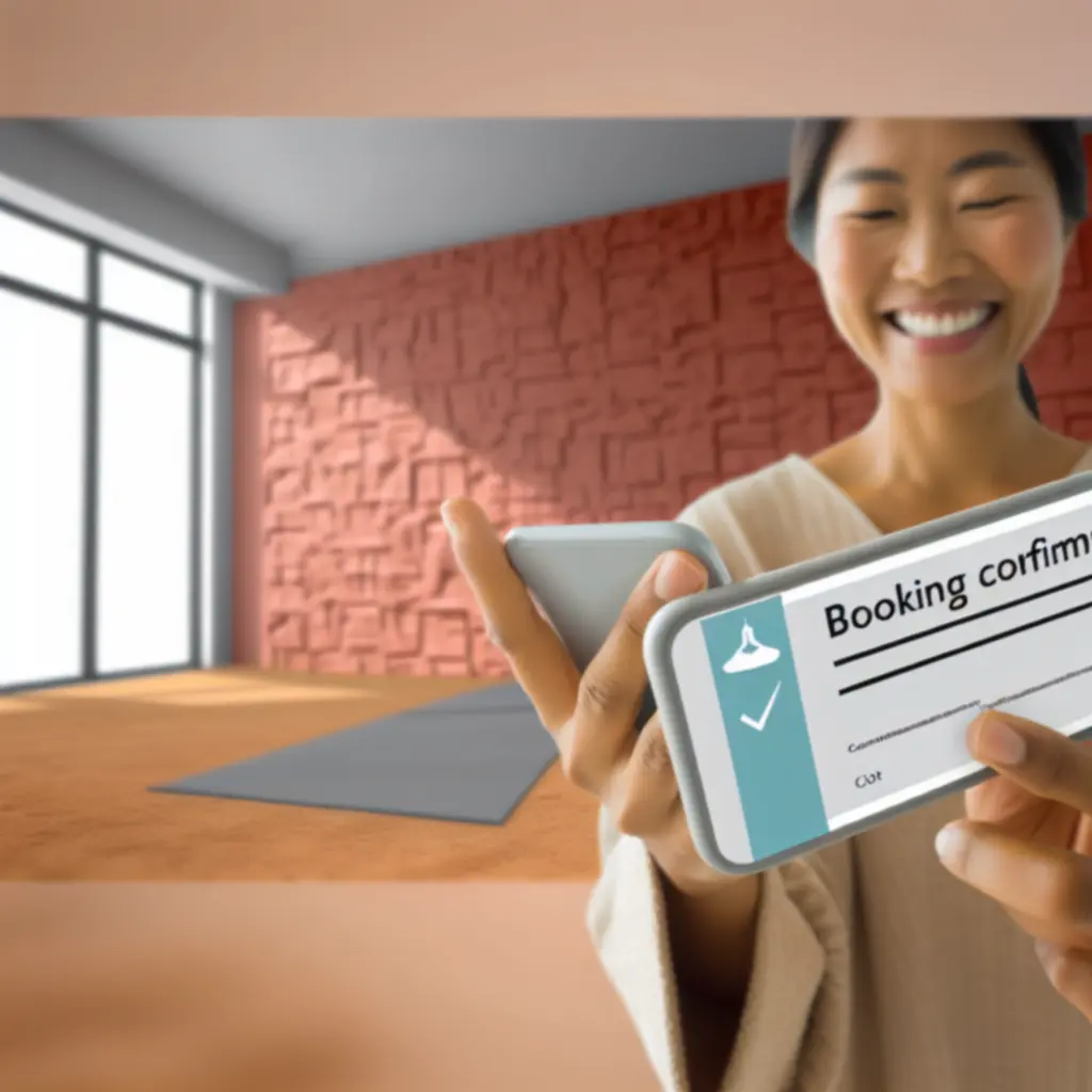 Mosolygó vendég, aki sikeres foglalás visszaigazolását olvassa.