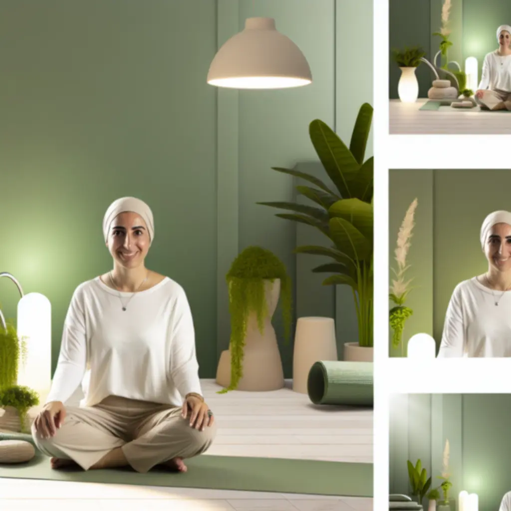 Mosolygó wellness oktató portréja, nyugodt stúdiókörnyezetben