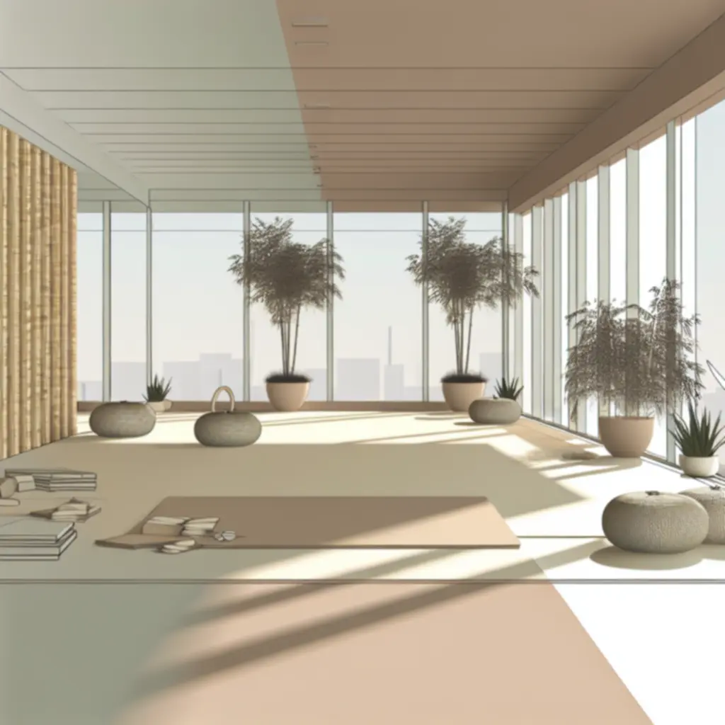 Természetes fényben úszó, növényekkel díszített wellness tér jógaszőnyegekkel