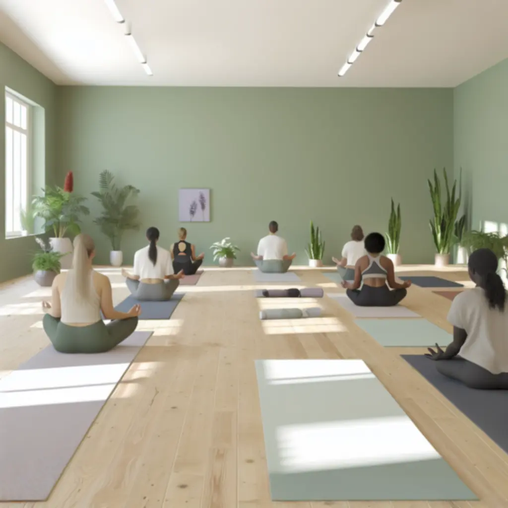 Napfényes, letisztult jógastúdió belső tér puha szőnyegekkel és nyugodt hangulattal