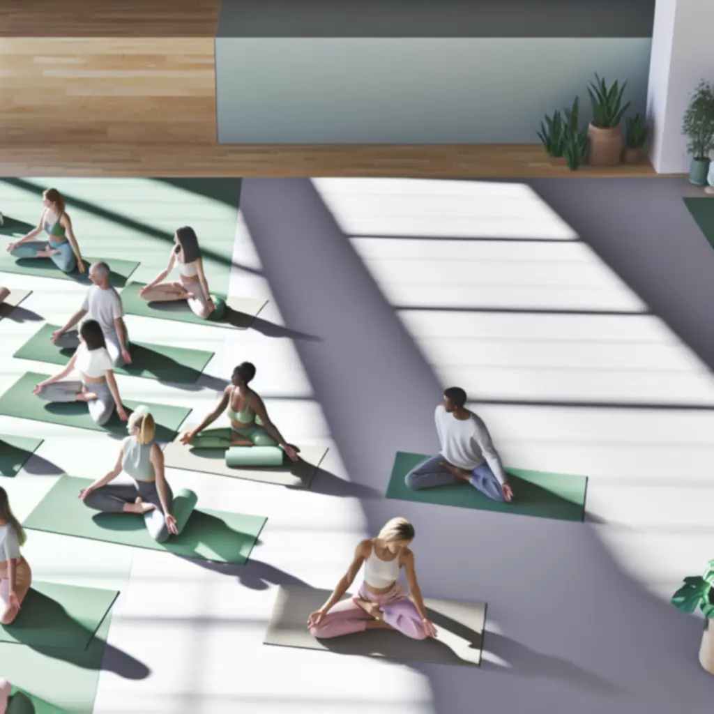 Csoportos jógaóra nyugodt, napfényes stúdiótérben