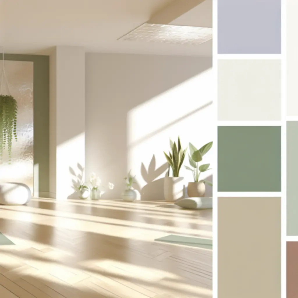 Napfényes, letisztult jógastúdió belső tér szőnyegekkel és növényekkel