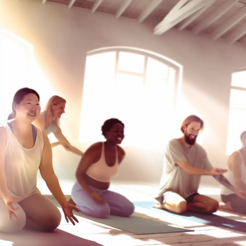 Kiscsoportos jóga workshop, ahol résztvevők körben gyakorolnak.